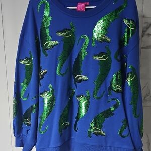 QUEEN OF SPARKLES Blue Sweatshirt with Green Sequin Design